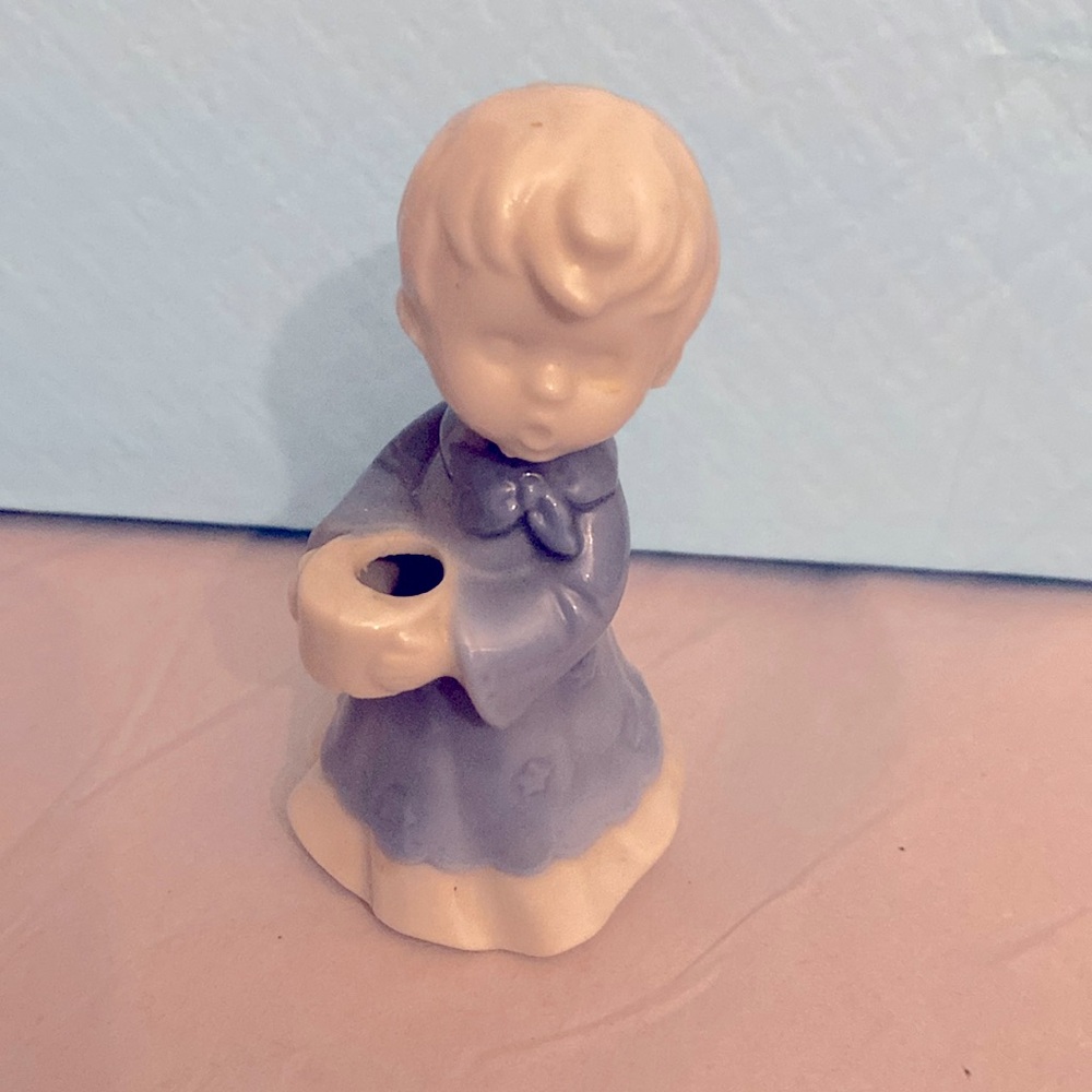 Vintage LeGo Porcelain Blue White Choir Boy Figure Candle Holder